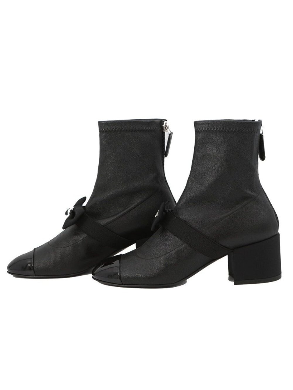 Chanel Boots CC Logo Ribbon Short Leather Patent 34c Shoes Ankle Black - Picture 2 of 10
